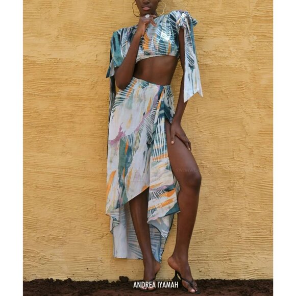 NWT Andrea Iyamah‎ Halima Cropped Top Green Abstract Print Size S - Picture 2 of 10